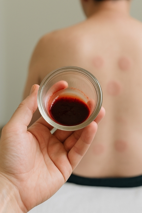 Wet cupping procedure showing small amounts of blood collected in cups after suction, a traditional hijama practice.