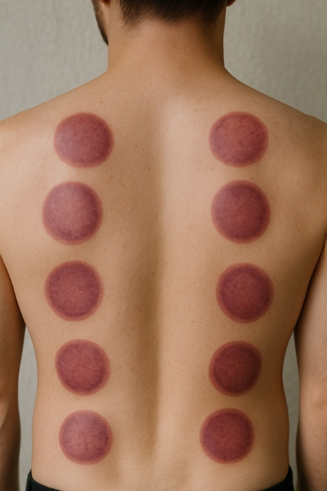 Temporary red circular cupping marks on a person's back after a hijama cupping therapy session.